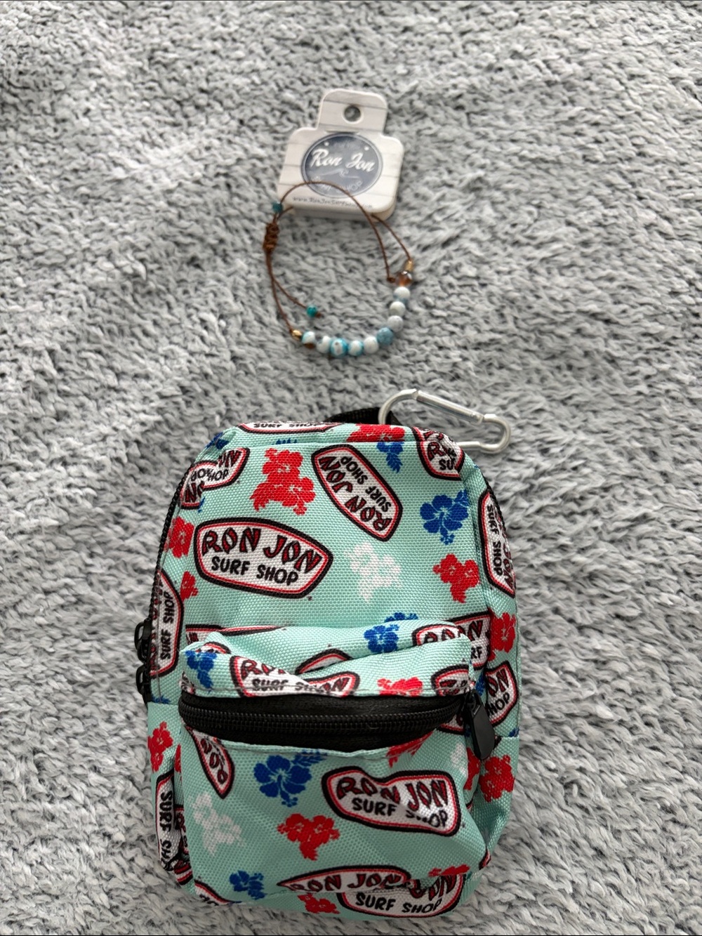 Ron Jon Aqua Logo Mini Backpack Keychain and Bracelet